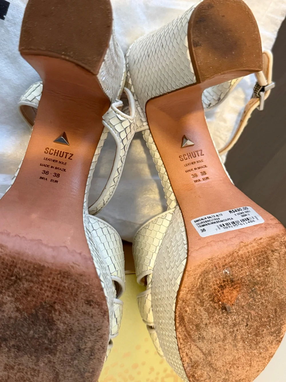 SCHUTZ Pale Cream Snake-Embossed Platform Sandals with Ankle Strap